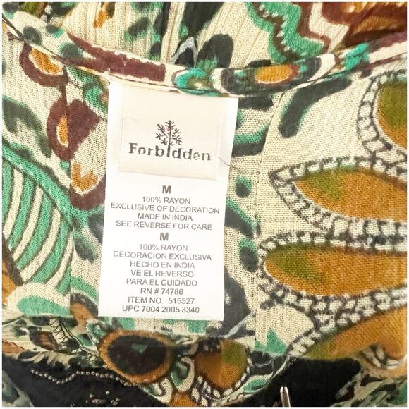 Forbidden Safari Print Dress Midi Size Medium Studded Neckline Tan Black Hippie - Picture 10 of 13